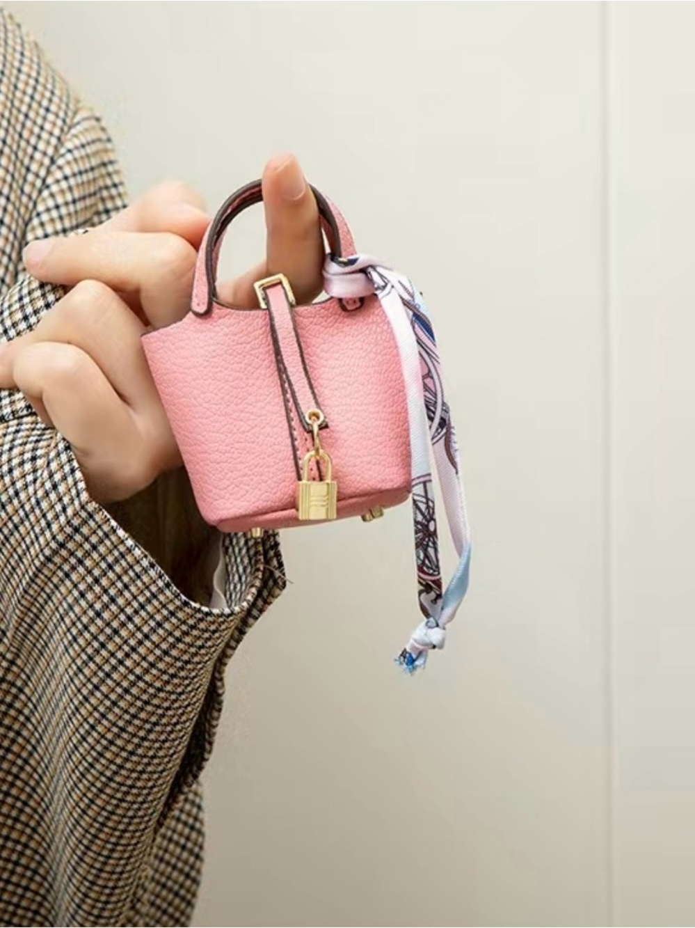 Mini Orange Leather-Texture Bucket Bag with Scarf Accent - Picture 3 of 4